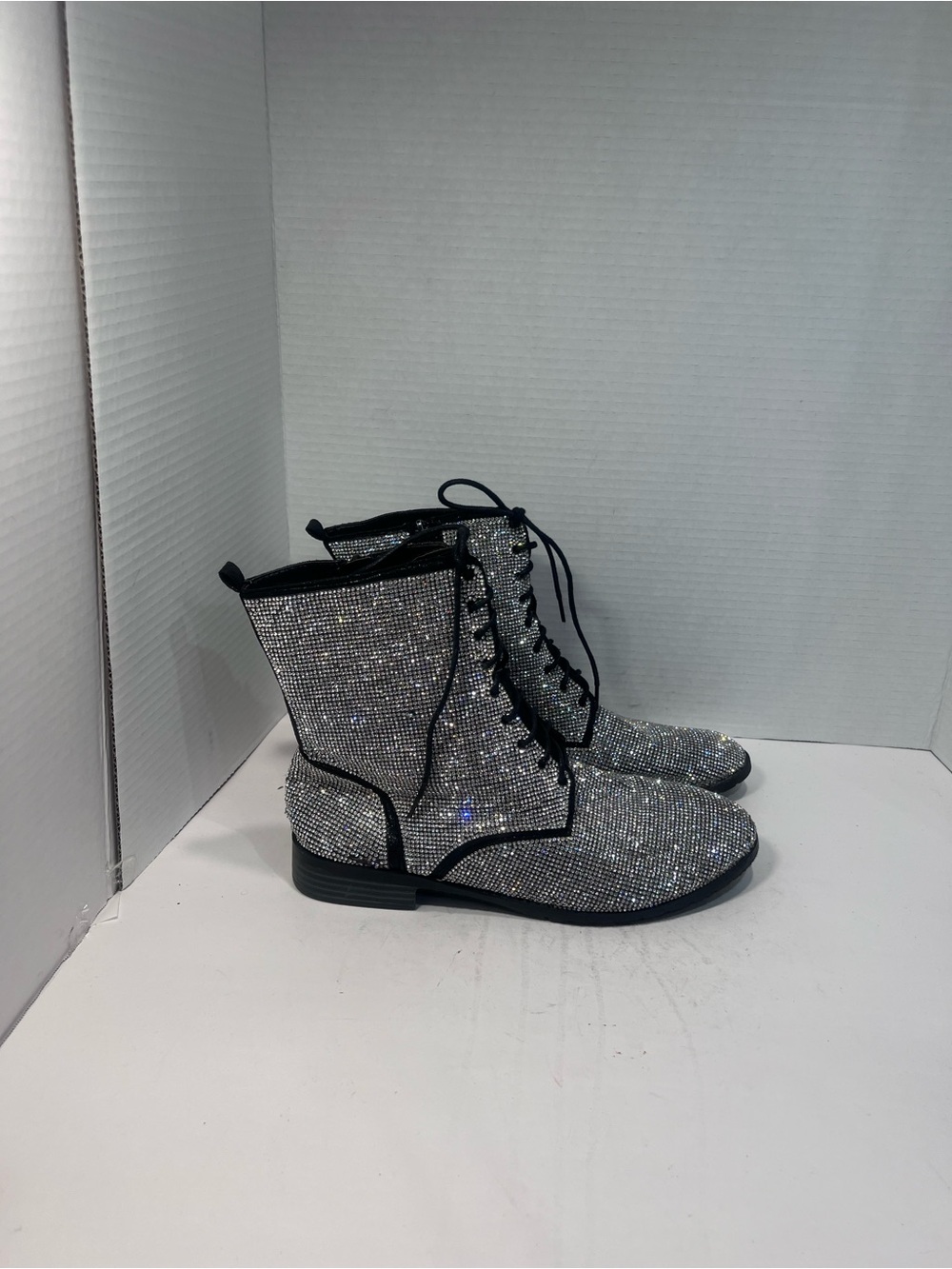 Women's Silver Crystal Lace-Up Ankle Boots